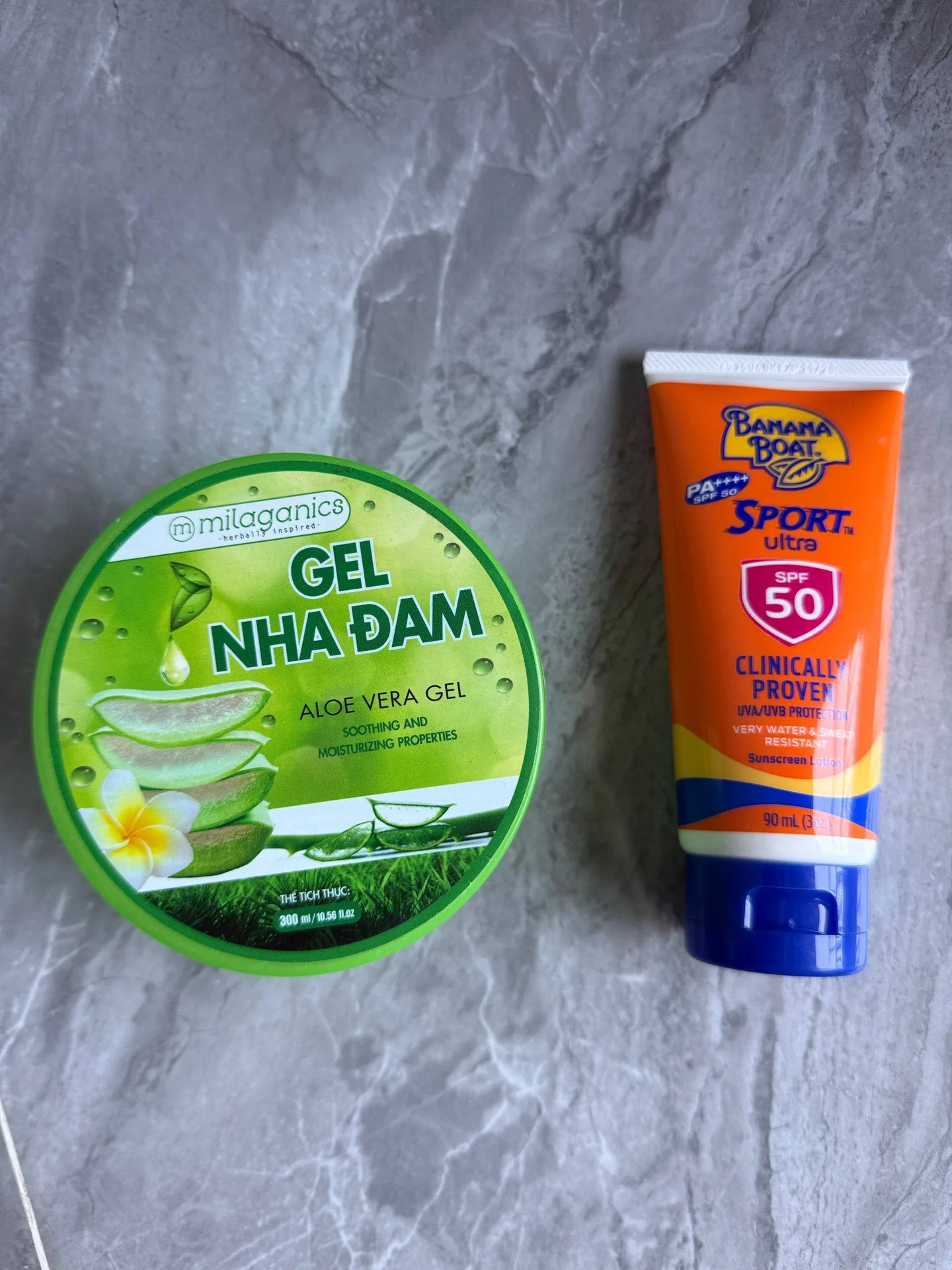 Гель алоэ Milaganics и SPF 50 Banana Boat