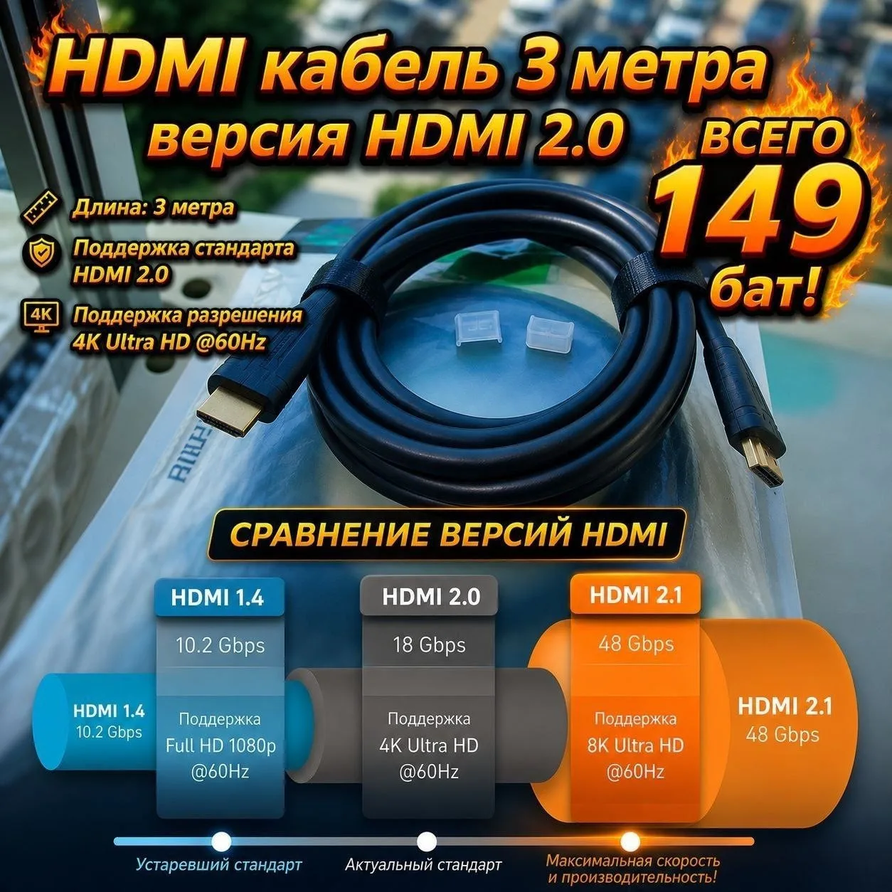 Кабель HDMI 2.0, 3 метра, новый