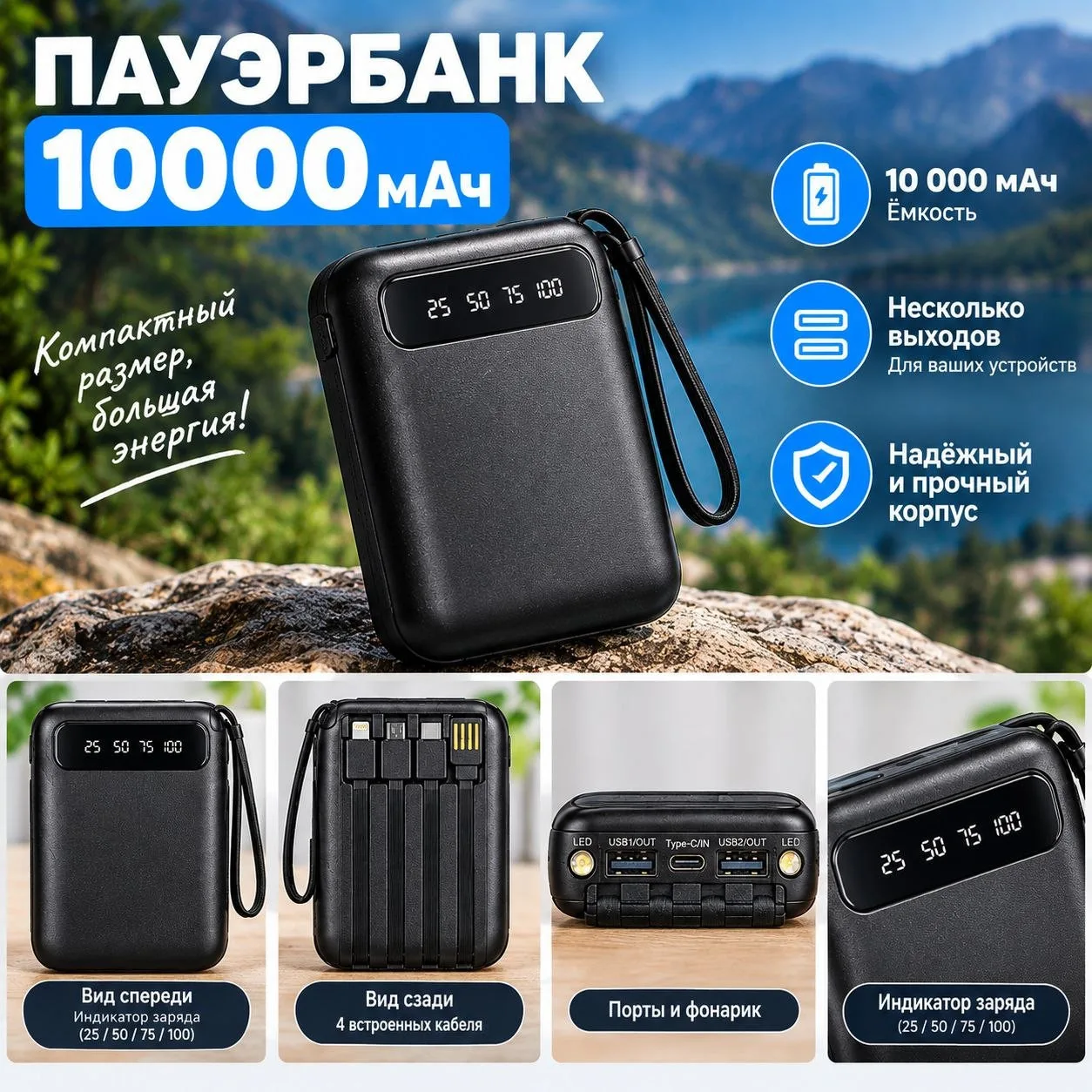 Внешний аккумулятор power bank 10.000mah, новый
